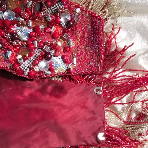 Bra belt belly dance red silver beaded set handmade egyptian - Picture 9 of 11